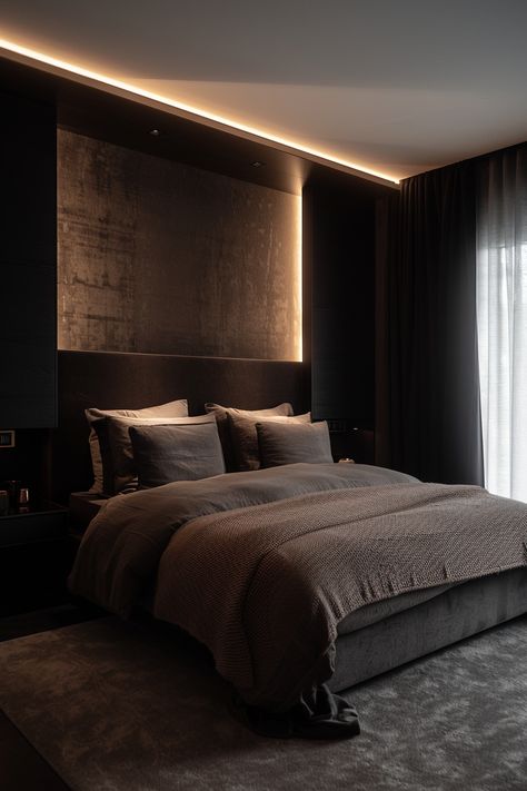 Discover shadowed serenity with these dark moody bedroom ideas. Explore how to design cozy chambers that evoke a sense of peace and comfort for serene nights and restful mornings. #ShadowedSerenity #CozyChambers #DarkMoody Dark Minimalist Bedroom, Dark Modern Bedroom, Moody Bedroom Ideas, Dark Interior Design, Black Bedroom Decor, Black Bedroom Design, Moody Bedroom, Modern Luxury Bedroom, Modern Bedroom Interior