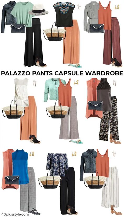 Palazzo Pants Style, Styling Palazzo Pants Outfit, What Top To Wear With Wide Leg Pants, How To Wear Palazzo Pants Outfits Casual, How To Style Pallazo Pants, Pallazo Pants Outfit Ideas, Black Palazzo Outfit, Palazzo Outfit Ideas, Pallazo Outfit Palazzo