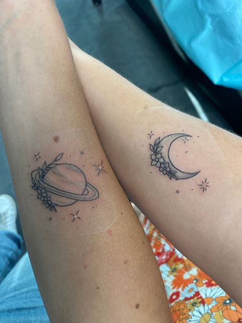 taylor swift moon and saturn tattoos from seven on folklore :) Seven Folklore Tattoo, The Moon And To Saturn Tattoo, Saturn Tattoos Minimalist, Saturn Tattoo Aesthetic, Noon And Saturn Tattoo, Saturn Floral Tattoo, Bff Taylor Swift Tattoos, Saturn Flower Tattoo, Folklore Taylor Swift Inspired Tattoo