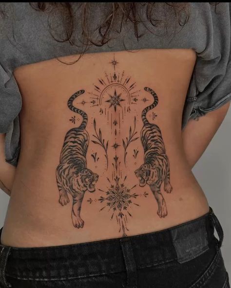 Tiger Sun Tattoo, Symetric Tattoo Ideas, Back Tattoo Placement, Ornamental Back Tattoo, Tiger Tattoo Thigh, Symmetrical Tattoo, Tiger Tattoos, Earthy Tattoos, Themed Tattoos