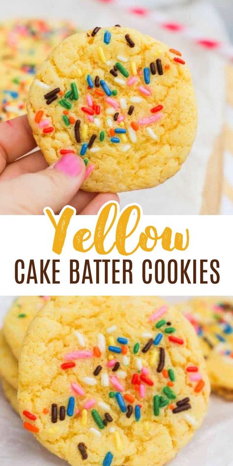 Cake Batter Cookies Easy, Yellow Cake Mix Desserts, Simple Yellow Cake, Cake Batter Cookies Recipe, Yellow Cake Mix Cookies, Yellow Desserts, Yellow Cake Mix Recipes, Cake Mix Brownies, Cake Mix Cookie Bars