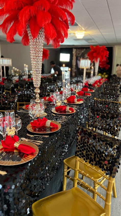 Catered by Chaneice on Reels | Casino Night Flower Arrangements, Gala Birthday Theme, A Night Of Elegance Party Ideas, Ruby Red Party Decorations, Black And Red 50th Birthday Party Ideas, Monte Carlo Party Theme, Masquerade Party Decorations Red, 65th Birthday Decoration Ideas, All Red Party Theme