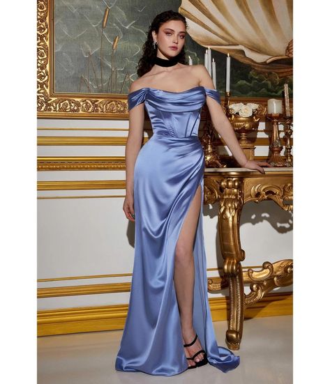 Retro & Vintage Smoky Blue Satin Off the Shoulder Corset Bridesmaid Gown | Unique Vintage Off Shoulder Evening Gown, Classy Gowns, Corset Gown, Cinderella Divine, Plus Size Formal Dresses, Corset Bodice, Bridesmaid Dresses Prom, Long Bridesmaid Dress, Straight Neckline