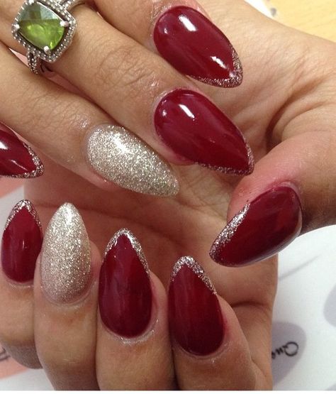 Red And Silver Manicure, Red And Silver Sparkly Nails, Red Nails Silver Tips, Red Nails With Silver Glitter Tips, Christmas Nails Silver And Red, Christmas Nails 2023 Red And Gold, Red Nails With Silver Design, Red Nails Silver Glitter, Silver And Red Nail Designs