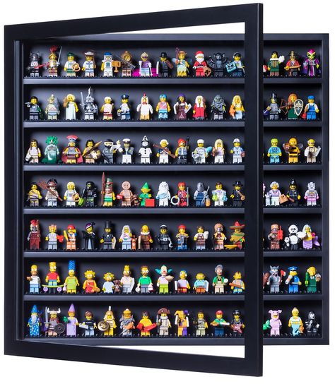 The ultimate minifigure display solution | Brickset: LEGO set guide and database Lego Vitrine, Lego Display Ideas, Souvenir Display, Lego Hacks, Minifigure Display, Lego Minifigure Display, Lego Frame, Lego Plates, Display Frames