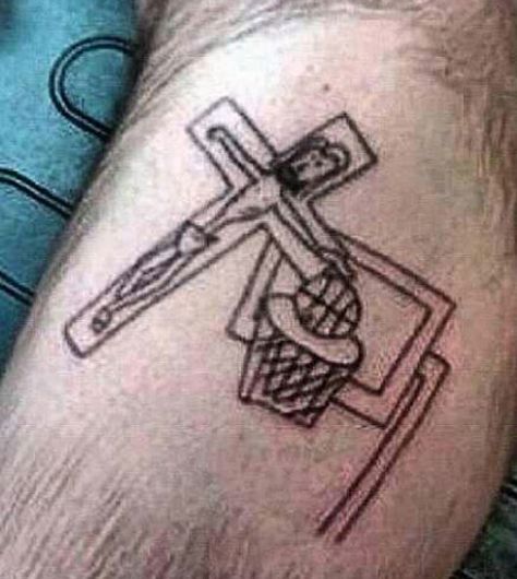 Unfortunately Jesus picked up a technical for hanging on the rim. Bad Tattoos, Worst Tattoos Ever, Dumbest Tattoos, Worst Tattoos, Clever Tattoos, Cat Tat, Funny Statements, Tattoo Fails, Weird Tattoos