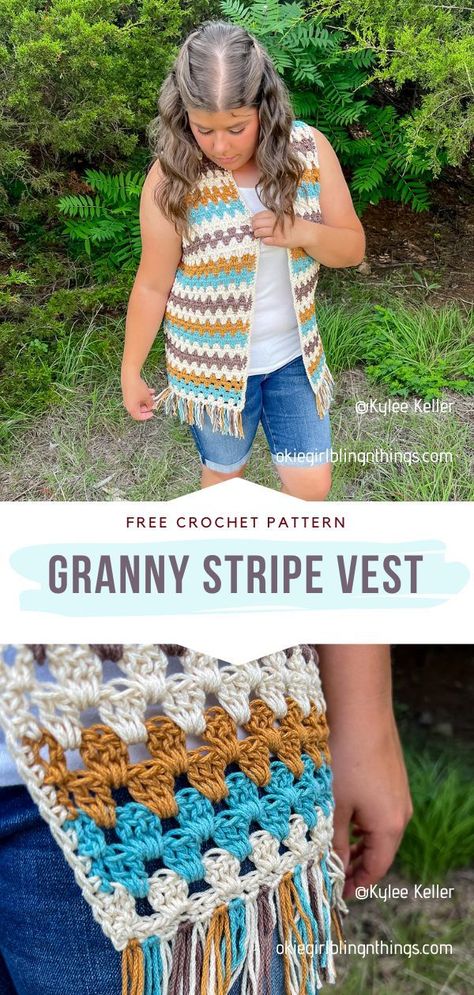 Crochet Granny Stripe Vest Amigurumi Patterns, Granny Square Kids Vest, Crochet Vest With Fringe, Crochet Vest Granny Square Pattern, Granny Square Crochet Pattern Vest, Crochet Fringe Vest Pattern Free, Crochet Vest For Girls Free Pattern, Granny Stitch Crochet Top, Granny Stitch Projects