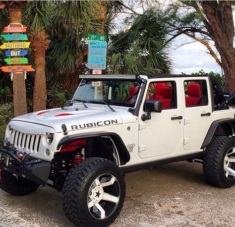 WHITE RUBICON WITH CUSTOMIZED RED INTERIOR & RED HOOD VENTS! CUSTOM WHITE WHEELS! I LOVE IT! White Keep Wrangler, Keep Rubicon, White Rubicon, Jeep White, White Jeep Wrangler, Jeep Wrangler Interior, Hood Vents, Rubicon Jeep, White Wheels