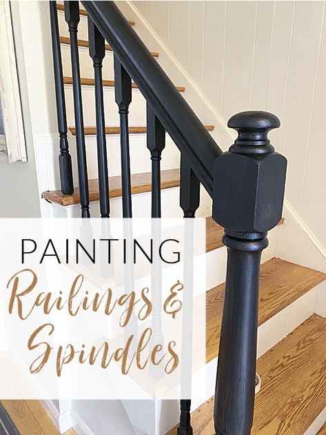 Painted Stairs Banisters, How To Paint Wooden Stairs, Painting Stair Railing Black, How To Paint Railings Stairways, Updating Spindles On Stairs, Painted Staircase Spindles, Painted Railings For Stairs Farmhouse, Painted Oak Stair Railing, Black Spindles Staircase Wood