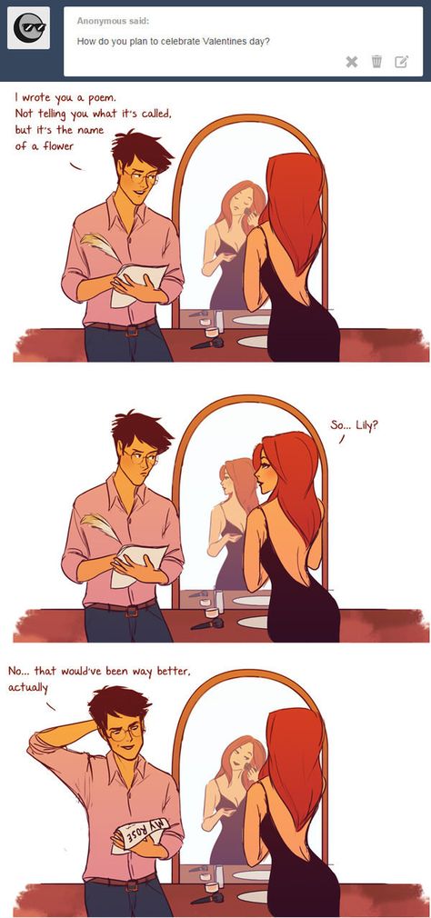 Or how they celebrated holidays, like Valentine’s Day. | These Adorable "Harry Potter" Comics Imagine James And Lily As A Young Couple Fandoms Unite, James X Lily, James And Lily Potter, Lily And James, Hilarious Harry Potter, James And Lily, Lily Potter, Yer A Wizard Harry, Harry Potter Comics