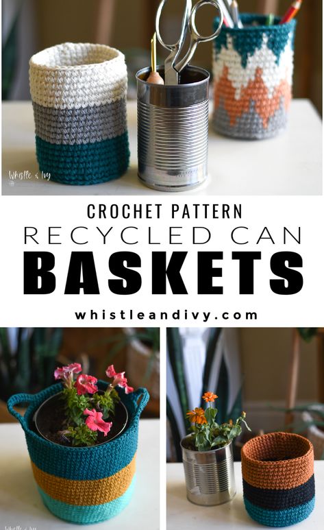 Upcycling, Scrap Yarn Basket, Crochet A Basket, Scrap Yarn Crochet, Yarn Basket, How To Make Taco, Recycle Cans, Crochet Baskets, Scrap Yarn