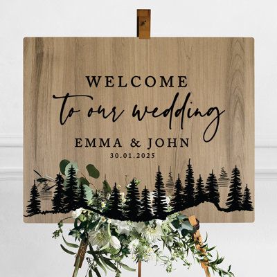 Rustic Wedding Welcome Sign Wood, Pine Tree Wedding Backdrop, Welcome Sign Wedding Rustic, Wood Burned Wedding Signs, Rustic Woodsy Wedding Decor, Rustic Welcome Sign Wedding, Wooden Welcome Sign Wedding, Antler Wedding Decor, Wedding Signs Wood