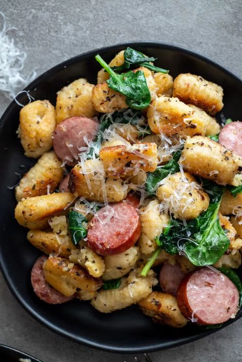 Pan-Fried Gnocchi With Spinach and Sausage - A Red Spatula Essen, Kielbasa And Gnocchi Recipes, Italian Sausage And Gnocchi Recipes, Kielbasa Gnocchi, Gnocchi And Chicken Sausage, Sausage And Gnocchi, Gnocchi With Sausage, Gnocchi With Spinach, Gnocchi Sausage