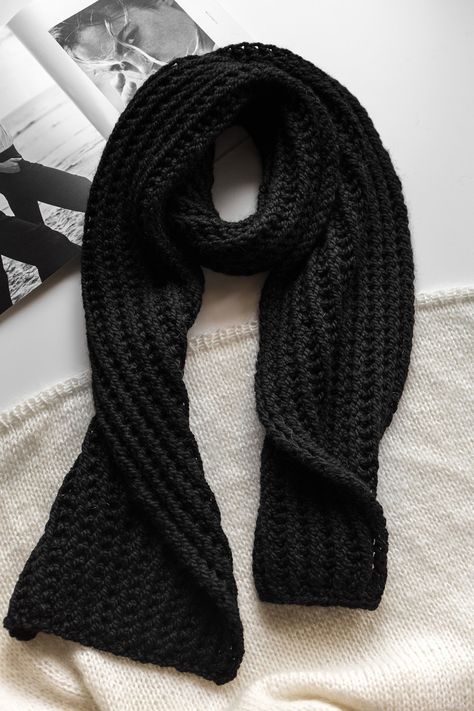 Crochet Scarf Patterns - Crochet Scarves - Crochet Head Scarf -  Crochet Patterns - Crochet Projects Black Knitted Scarf, Black Crochet Scarf, Black Scarf Outfit, Crochet Head Scarf, Black Wool Scarf, Crochet Scarf Patterns, Oversize Scarf, Woolen Scarf, Bookmark Crochet