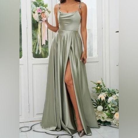 Selling This Gorgeous Brand New Sage Green Satin Gown. I Bought It For My Sisters Wedding In October But Decided To Go With A Different Dress. Brand New With Tags! Size 14, Fits More Like A 10/12. Slightly Wrinkled From Being In The Bag But Can Be Steamed. Brand New With Tags Brand: Hebeos Material: Silk-Like Satin Color: Dusty Sage Size: 14 - Fits Like A 10/12 Tie Shoulder Straps Sweep/Brush Train Pale Green Bridesmaid Dresses Dusty Shale, Bridesmaids Dress Sage Green, Light Sage Bridesmaid Dress, Eucalyptus Maid Of Honor Dress, Brides Maid Dresses Sage Green, Bridesmaid Dresses In Sage Green, Sage And Lilac Bridesmaid Dresses, Satin Sage Bridesmaid Dress, Forest Green Bridesmaid Dresses Summer