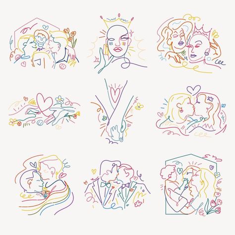 Gay pride stickers, LGBTQ line art portraits psd set | premium image by rawpixel.com / Kappy Pride Line Art, Lgbtq Line Art, Queer Line Art, Subtle Queer Art, Pride Illustration Art, Queer Collage, Pride Doodles, Lgbt Drawings, Queer Stickers