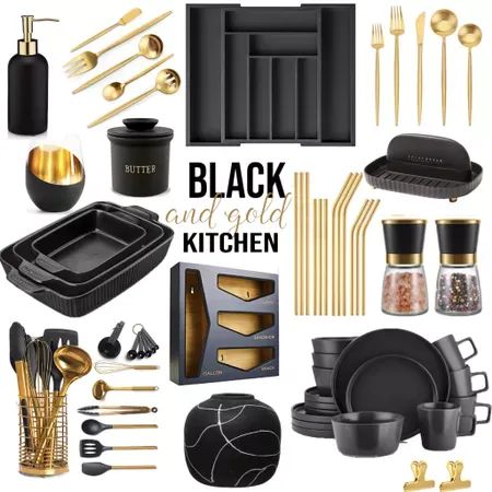 Black White And Gold Kitchen Decor Ideas, Black And Gold Interior Design Kitchen, Black Kitchen Inspiration Apartment, Black Brown And Gold Kitchen, Black Decor In Kitchen, Dark Kitchen Accessories, Black And Gold Kitchen Ideas Modern, Kitchen Decor Black And Gold, Black Decor Kitchen Ideas