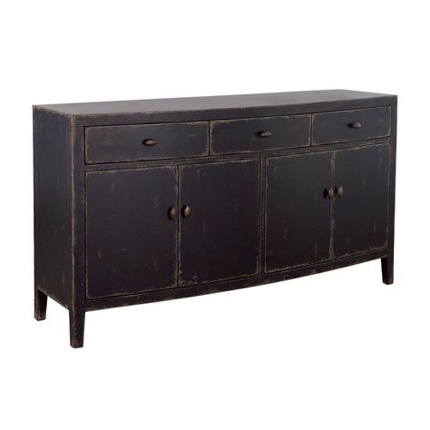 Fall in love with this vintage inspired credenza that also provides versatile storage in your dining room or living area. The textured midnight black and brown finish and antique copper hardware create the rustic and vintage charm that is stylish and well-loved. Behind the four doors are two separate cabinet spaces that each house an adjustable shelf, giving you plenty of room to stash everything from table linens to platters. The three drawers are ideal for serving pieces or utensils, and the t Restoration Hardware Finish, Shoe Rack Room, Black Modern Farmhouse, Black Buffet, Farmhouse Sideboard, European Hinges, Ogee Edge, Copper Hardware, Wood Storage Cabinets