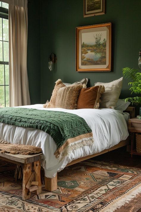 Desert Color Bedroom, Light Earthy Bedroom, Cozy Bed Frame, Bedroom Beige Bed, Neutral Bedroom With Green Accents, Guest Bedroom Green, Desert Chic Bedroom, Orange And Green Bedroom, Green And Orange Bedroom