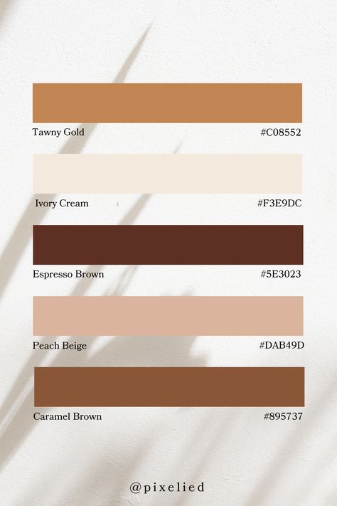A warm earthy palette: Tawny Gold offers a rich, golden-brown hue. Ivory Cream brings a soft, creamy off-white. Espresso Brown adds a deep, dark brown reminiscent of coffee. Peach Beige introduces a warm, light peachy-beige. Caramel Brown rounds out the collection with a cozy, medium brown. Brown Gold Colour Palette, Peach Cream Color Palette, Vintage Neutral Color Palette, Neutral Brown Color Palette, Brown And Cream Color Palette, Brown Gold Color Palette, Brown And White Color Palette, Light Brown Color Palette, Colour Palette Brown