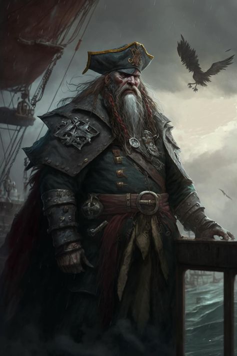 Dnd Ship Captain, Pirate Captain Male, Old Pirate Character, Werewolf Pirate, Pirate Dnd Art, Pirate D&d, Pirate Paladin, Pirate Captain Character Design, Elven Pirate