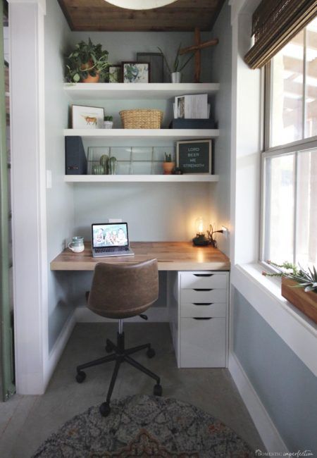 Office Space At Home Small, Very Small Home Office Ideas, Small Second Bedroom Office Ideas, Small Office Space Organization, Office Area In Bedroom Small Spaces, Accent Wall Behind Desk, Tiny Bedroom Office, Small Office Wallpaper, Tiny Home Office In Bedroom
