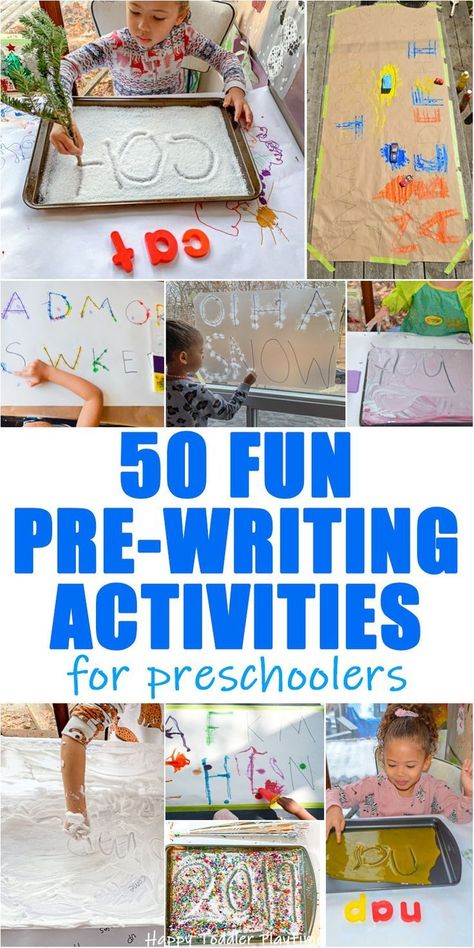 Pre-Writing Activities for Preschoolers - HAPPY TODDLER PLAYTIME Create fun and engaging pre-writing activities for preschoolers to help them practice their hand writing skills with these 50 simple to set up ideas! #preschool #preschoolactivities Teaching Letter Writing Preschool, Writing Activity For Preschoolers, Writing Games For Preschoolers, Preschool Bravery Activities, Learning To Write Activities, Handwriting Sensory Activities, Phonics Writing Activities, Writing Crafts For Preschool, Simple Phonics Activities