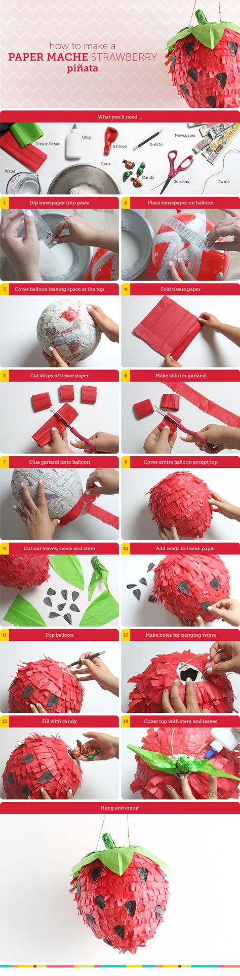 Diy Balloon Pinata, How To Make A Piñata With A Balloon, Diy Strawberry Pinata, Cool Pinata Ideas, Strawberry Pinata Diy, Pinata Diy Ideas, Home Made Pinata, Making A Pinata, Make A Pinata