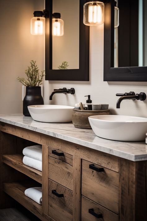 Transform your bathroom into a rustic retreat by exploring the charm of timeless black and wood design ideas, creating a space that exudes modern style and organic warmth. Bathroom Renovations On A Budget, Elevations Design, Vibrant Bathroom, Rustic Modern Bathroom, Designer House, Bathroom Black, Wall Decorating, Red Baron, Modern Farmhouse Bathroom