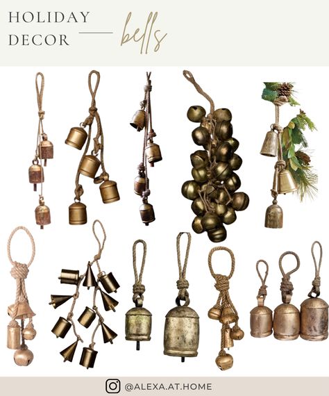 Holiday Decor - Bells Natal, Gold Christmas Bells Decorations, Brass Christmas Bells, Cow Bell Decor Ideas, Gold Christmas Bells, Vintage Cow Bells, Brass Christmas Ornaments, Silver Bells Christmas, Bell Decor