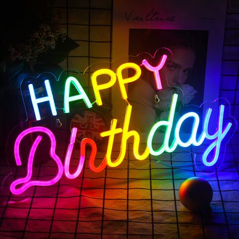 Happy Birthday Neon Sign, Birthday Neon Sign, Neon Jacket, Happy Birthday Neon, Birthday Emoji, Industrial Signage, Neon Box, Neon Logo, Acrylic Shapes