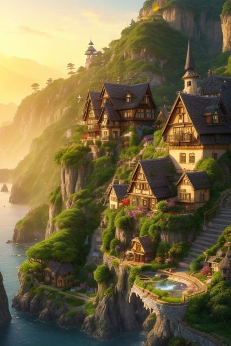 Fantasy Town Concept Art Forest, Cliffside Village Concept Art, Magical Village Aesthetic, Fantasy Farming Village, Mountain Village Fantasy Art, Fantasy Village Concept Art, Fantasy Village Art, Fantasy Village Aesthetic, Fantasy Mountain Village