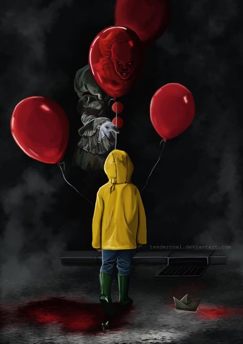 Want a balloon? by tendercoal on DeviantArt Pennywise Tattoo, Es Pennywise, Clown Horror, Horror Drawing, You'll Float Too, Pennywise The Clown, Scary Movie Characters, Pennywise The Dancing Clown, Scary Wallpaper