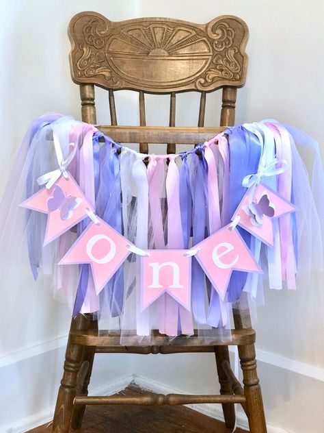 High Chair Skirt, Butterfly First Birthday, Butterfly 1st Birthday, 1st Birthday High Chair, Butterfly Birthday Party Decorations, Butterfly Themed Birthday Party, Butterfly Birthday Theme, High Chair Tutu, Purple Photo
