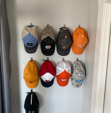 Organize Caps Baseball Hats, Baseball Hat Display Ideas Wall Bedroom, Kids Hat Organizer, Boys Baseball Hat Storage, Ways To Hang Baseball Caps On Wall, Baseball Hat Storage Ideas Closet, How To Store Baseball Hats In Closet, Baseball Hats On Wall, Baseball Hat Storage Wall