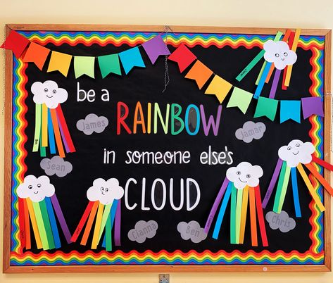 Rainbow spring bulletin board! Be a rainbow in some else’s cloud. Rainbow School Bulletin Boards, May Bulletin Boards Preschool, Kindergarten Rainbow Bulletin Board, Rainbow Board Ideas, Pre K Easy Crafts, Classroom Bulletin Boards Rainbow, Rainbow Bulletin Board Preschool, Rainbow Preschool Bulletin Boards, Rainbow Bulletin Boards Elementary