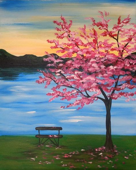 Wine & painting cherry blossoms at Pinot’s Palette Easy Nature Paintings, Tree Painting Easy, Kraf Kertas, Easy Landscape Paintings, Cherry Blossom Painting, Siluete Umane, Lake Painting, Easy Canvas Art, Simple Canvas Paintings