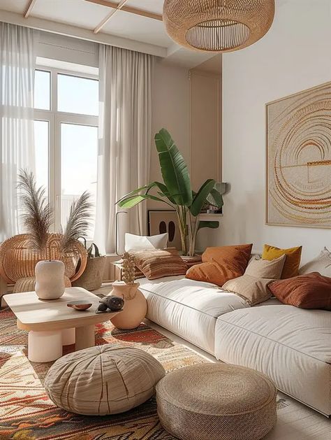 Minimalist Bohemian Living Room, Minimalist Boho Living Room, Living Room Inspiration Board, Boho Style Living Rooms, Rustic Wooden Coffee Table, Boho Living Room Ideas, Light Colored Furniture, Earthy Living Room, Living Room Boho