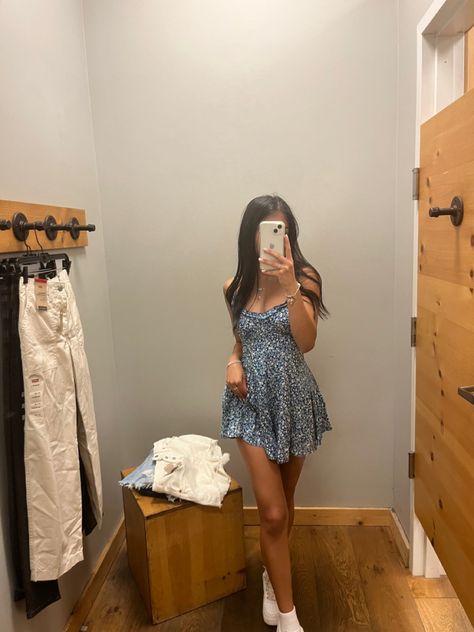 Cute Sundress Aesthetic, Sundress And Heels Outfit, Sundress Aesthetic Short, Blue Causal Dresses, Summer Outfits Sundresses, Summer Sundress Aesthetic, Cute Sundresses Short, Blue Sundress Aesthetic, Blue Sundress Outfit