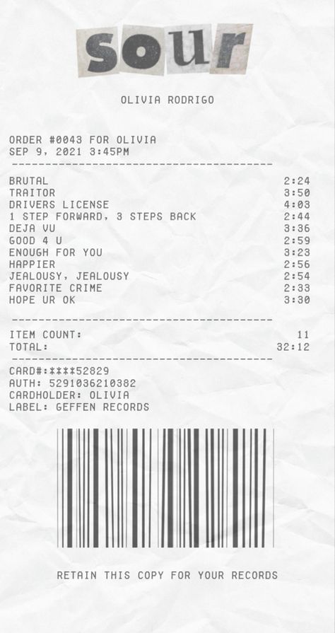 Album Song List Design, Sour Album Receipt, Receipt Song List, Receipt Album Cover, Receipt Album Poster, Reciept Png, Life Support Album Receipt, Reciepts Design Aesthetic, Movie Receipts