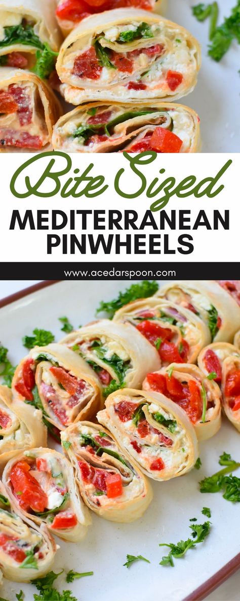 These Vegetarian Mediterranean Pinwheels are a great way to start any party! They're colorful, light, and fresh - perfect for satisfying appetites. Plus, they're easy to make and can be doubled if you're feeding a crowd. Feta cheese gives these pinwheels a delicious flavor that everyone will love. Give this recipe a try today! Mediterranean Party Food, Easter Party Food Ideas, Medeteranian Recipes, Potluck Finger Foods, Food For Summer, Pinwheel Appetizer, Pinwheel Recipe, Mediterranean Snacks, Mediterranean Appetizers