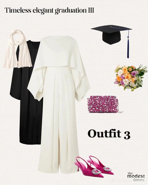 Vest Outfits Graduation, Hijabi Dresses Graduation, Elegant Outfit Hijab Ideas, White Graduation Dress Hijabi, Graduation Jumpsuit Hijab, Hijab Dress Graduation, Graduation Hijabi Outfits, Muslim Girl Graduation Outfit, Graduation Outfits Hijab