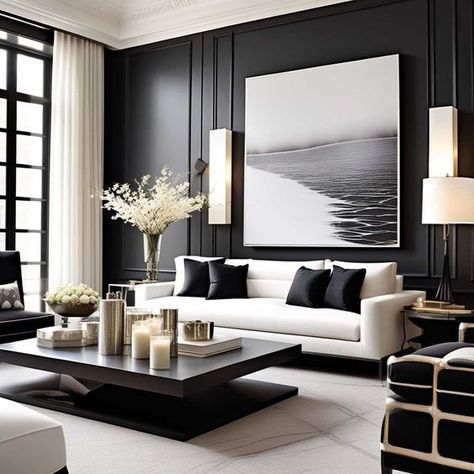 20 Black and White Living Room Decor Ideas » HomeDecorFull Black And White Living Room Panelling, Black Wall White Curtains, White Walls Black Shelves, White Cream And Black Living Room, Black White Living Room Ideas Modern, Black And White Family Room Ideas, Black And White Walls Living Room, Beige White Black Living Room, Black White Silver Living Room