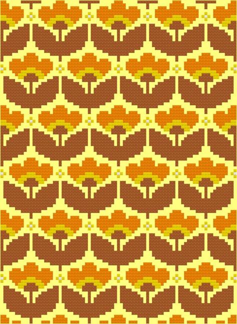 Cross Stitch Pattern, ‘Mellow Yellow’ PDF. Inspired by the floral designs found on vintage fabric and wallpaper of the 1960s and 70s, this Colorwork Chart, Diy Broderie, Colorwork Knitting, Cross Stitch Collection, Tapestry Crochet Patterns, Fabric Hearts, Pola Kristik, Quilt Festival, Pixel Pattern