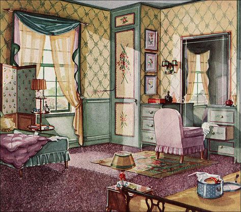 1930 Bedroom - Armstrong Linoleum by American Vintage Home, via Flickr 1930 Bedroom, Vintage Dressing Rooms, 1920 House, 1920s Home Decor, 1920s Interior, Old House Interior, 1930s House, Room Entrance, Vintage House Plans