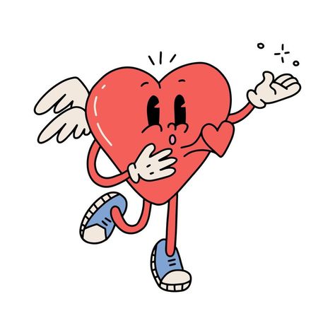 Heart mascot retro cartoon character with a beating heart. Cute groovy cartoon cupid mascot for valentines day greeting cards. Vector contour hand drawn isolated illustration. Cartoon Cupid, Groovy Cartoon, Heart Mascot, Valentines Day Greeting Cards, Mary Tattoo, Retro Tattoos, Cartoon Mascot, Retro Cartoon, Valentines Day Greetings