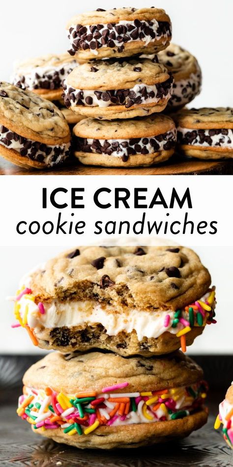 These cookie ice cream sandwiches use a quick no-chill cookie dough recipe that produces soft cookies perfect for freezing. Nothing beats this classic summer treat! #cookies #icecream #summer #sprinkles Ice Cream Cookie Sandwich Recipe, Ice Cream Sandwhich, Cookie Ice Cream Sandwiches, Homemade Ice Cream Sandwiches, Cookie Sandwich Recipes, Ice Cream Sandwiches Recipe, Cookie Ice Cream, Cookie Dough Recipe, 2023 Recipes