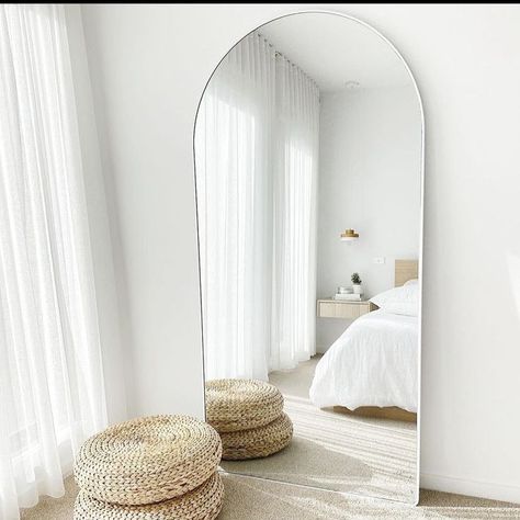 Arch Mirror Bedroom, Large Bedroom Mirror, Mirror Bedroom Decor, White Mirror Frame, Mirror Decor Living Room, Curved Mirror, Leaner Mirror, Hallway Bedroom, Arch Mirror