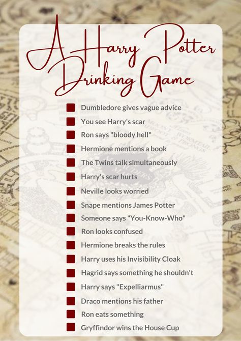 Harry Potter Movie Drinking Game, Harry Potter Drinking Game Movies, Halloween Drinking Games Movie, Harry Potter Date Night Ideas, Harry Potter Drinking Games, Harry Potter Movie Marathon Ideas, Harry Potter Alcoholic Drinks, Harry Potter Date Night, Harry Potter Drinking Game