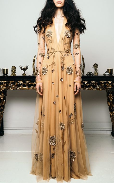 Birds and Honey Embroidered Gown by Cucculelli Shaheen | Gorgeous Fashion Boho Evening Dress, Embroidered Gowns, Constellation Dress, Cucculelli Shaheen, Sukienki Maksi, Anna Rose, Quiet Storm, Bohemian Mode, Body Scanning